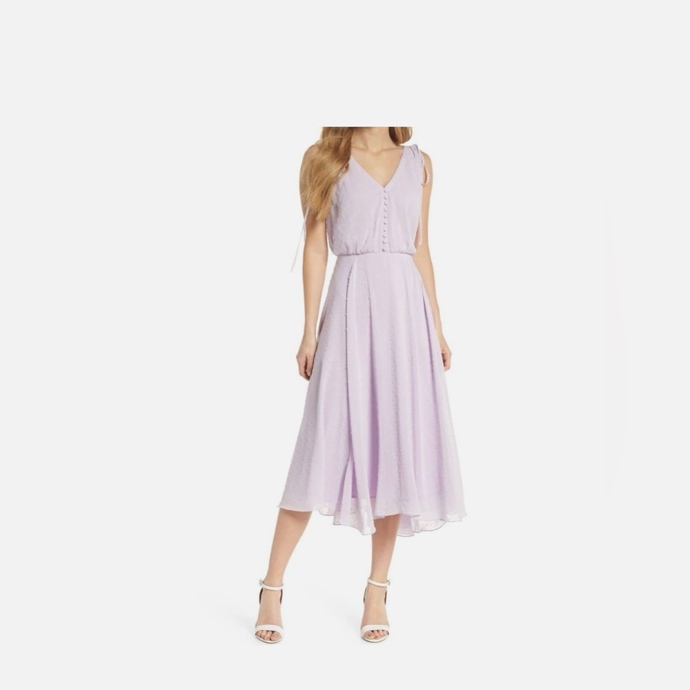 Gal Meets Glam Women's Hillary Clip Dot Lilac Chiffon Midi Dress